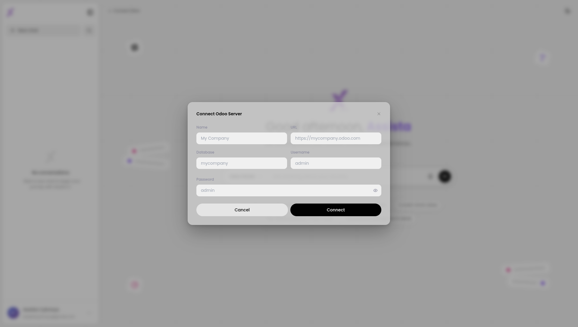 Server connection form with fields for name, URL, database, username and API key
