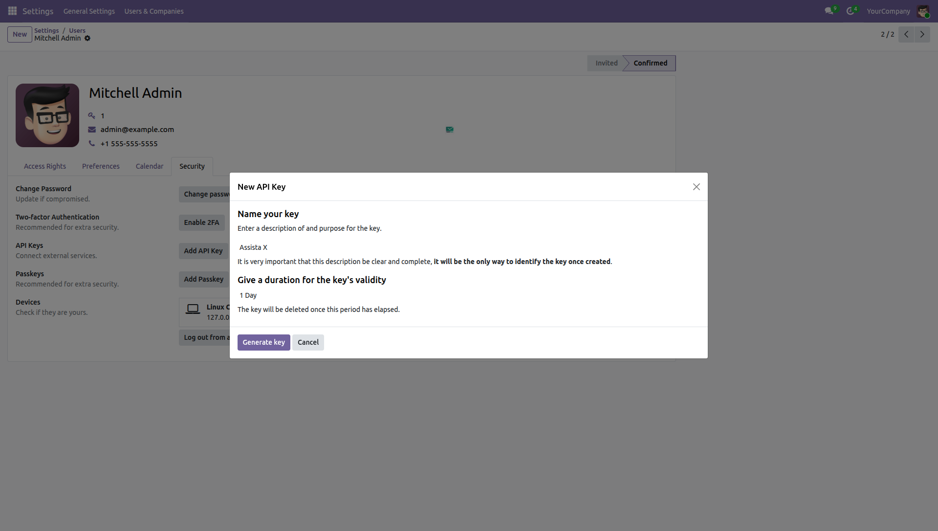 Odoo API key creation dialog showing the generated key to copy