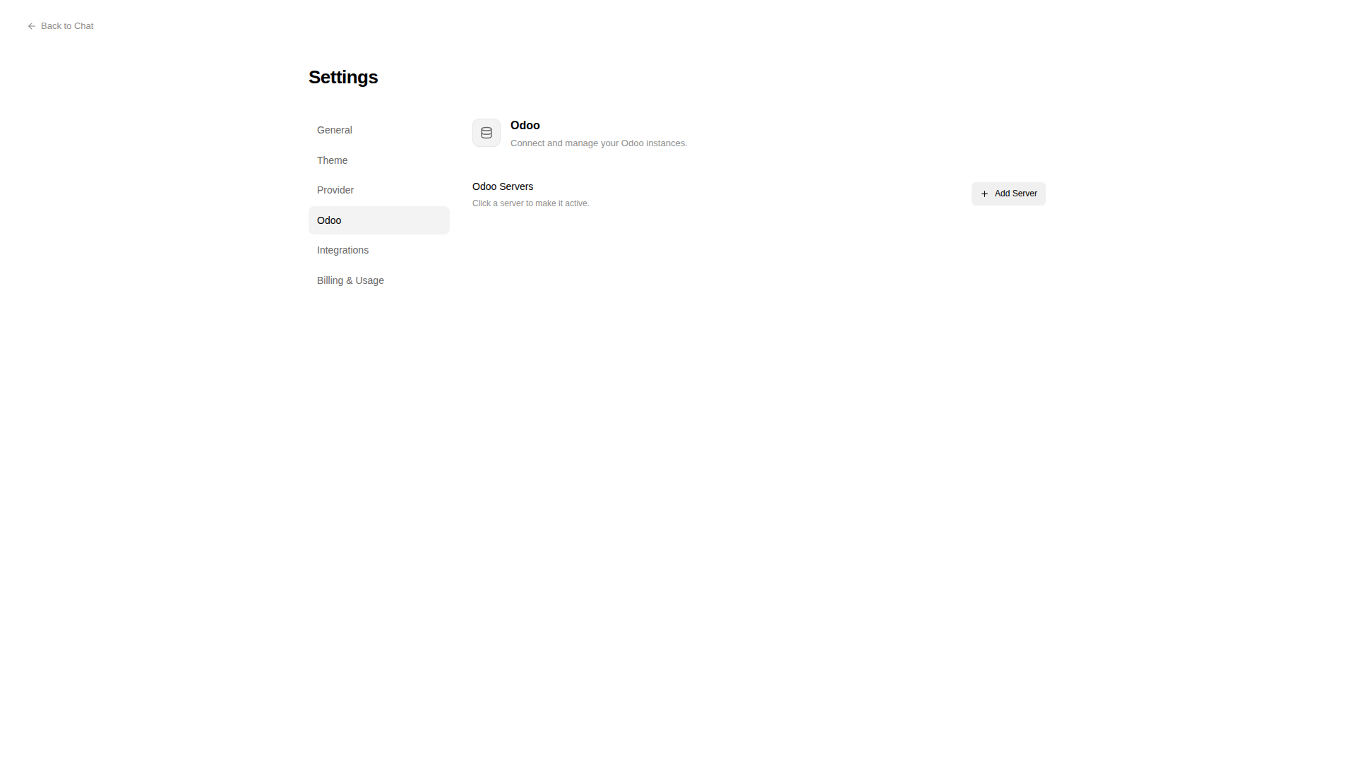 Settings page with Odoo tab selected and Add Server button highlighted
