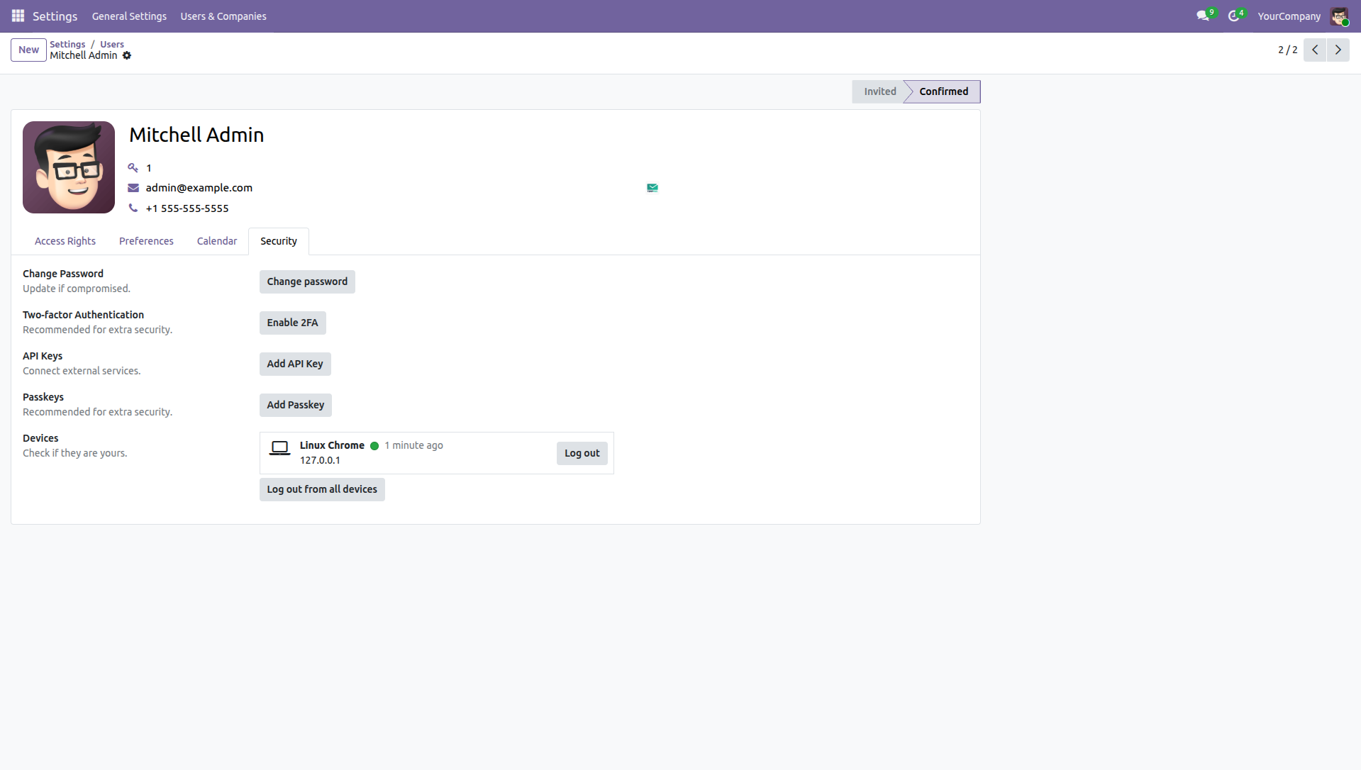 Odoo user profile showing the API Keys section with New API Key button
