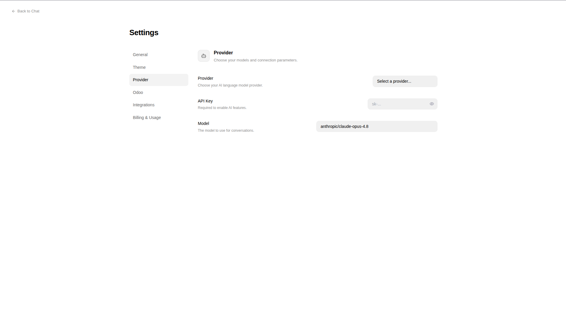AI Configuration tab in settings modal